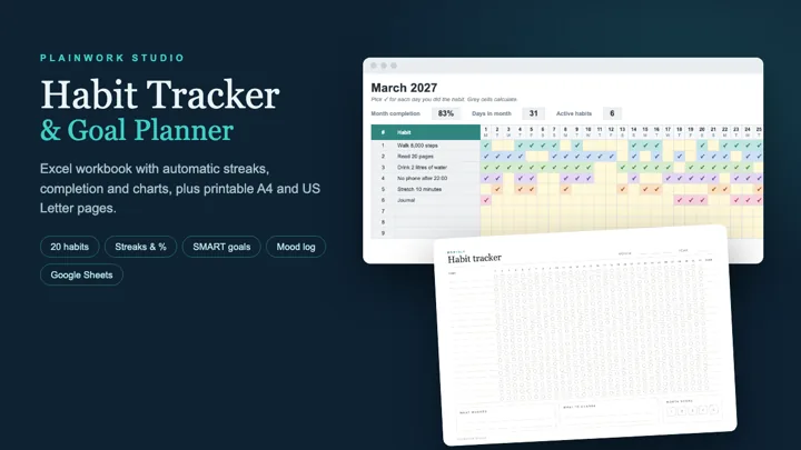 Habit Tracker & Goal Planner - Excel + Printable: cover