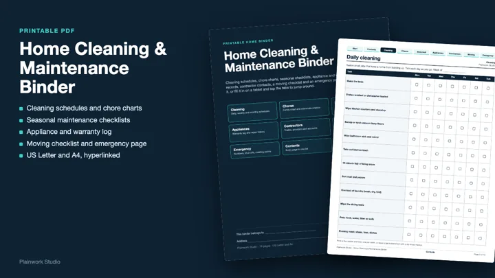 Home Cleaning & Maintenance Binder (PDF): Chore Charts, Seasonal Checklists, Moving & Emergency Pages: cover