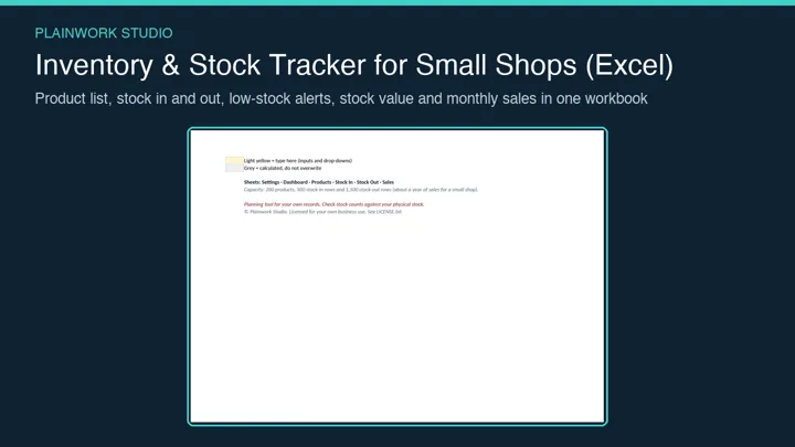 Inventory & Stock Tracker for Small Shops (Excel): cover