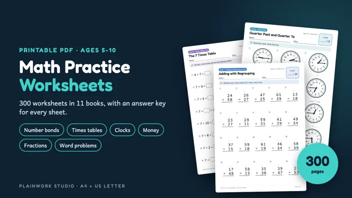 Math Practice Worksheets for Ages 5-10 - 300 Printable Pages with Answer Keys: cover