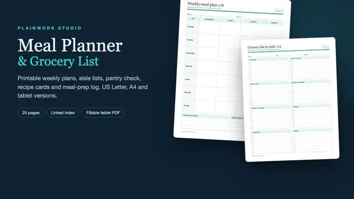 Meal Planner & Grocery List - Printable PDF (US Letter, A4, Tablet): cover