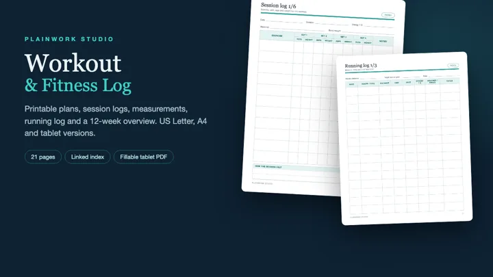 Workout & Fitness Log - Printable PDF (US Letter, A4, Tablet): cover