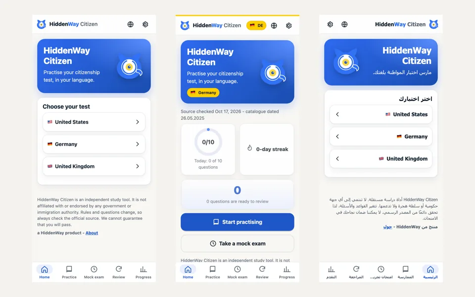HiddenWay Citizen app home screen in English, German and Arabic