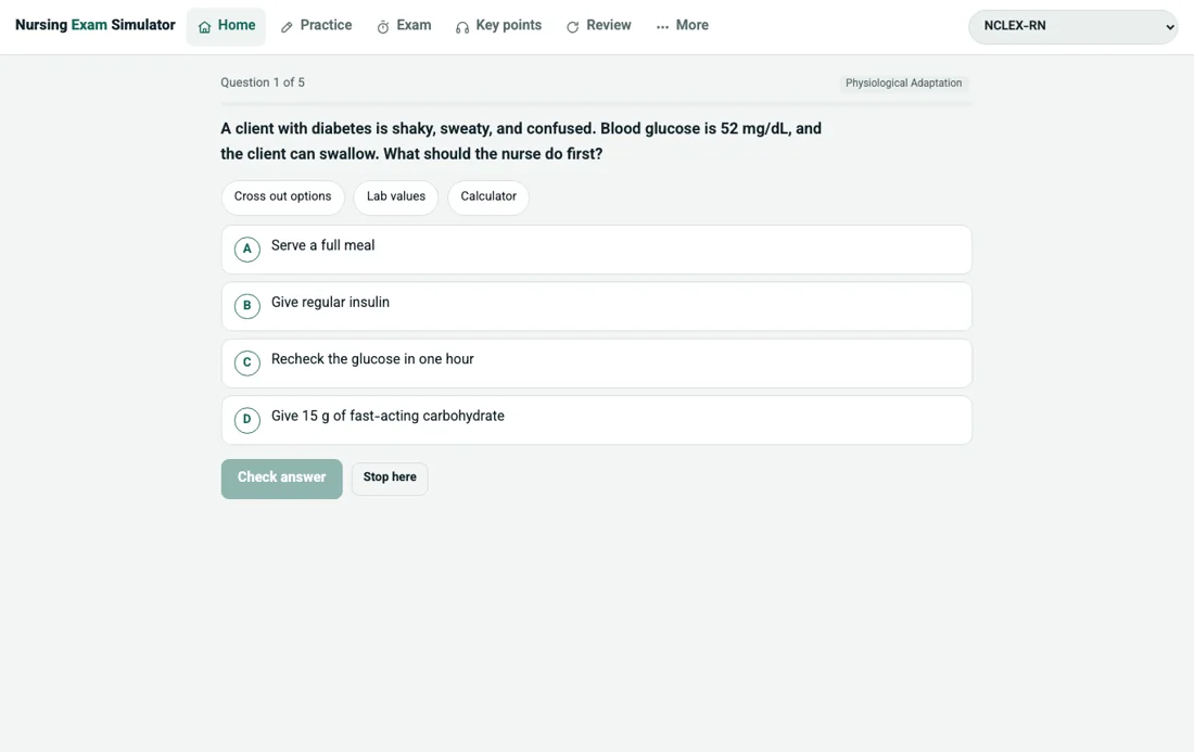 NurseSim practice screen with a question and its explanation