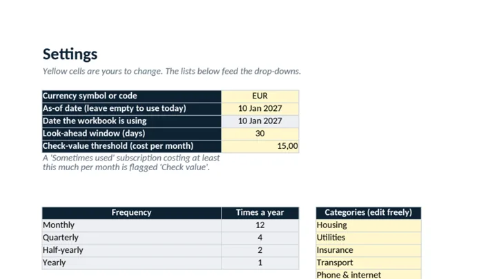 Bill & Subscription Tracker (Excel): Due-Date Calendar and Cancel Flags dashboard