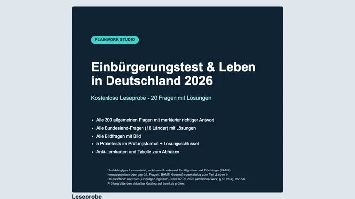 Einbürgerungstest 2026 Lernpaket: 300 allgemeine Fragen, Bundeslandfragen, Bildfragen und 5 Probetests dashboard