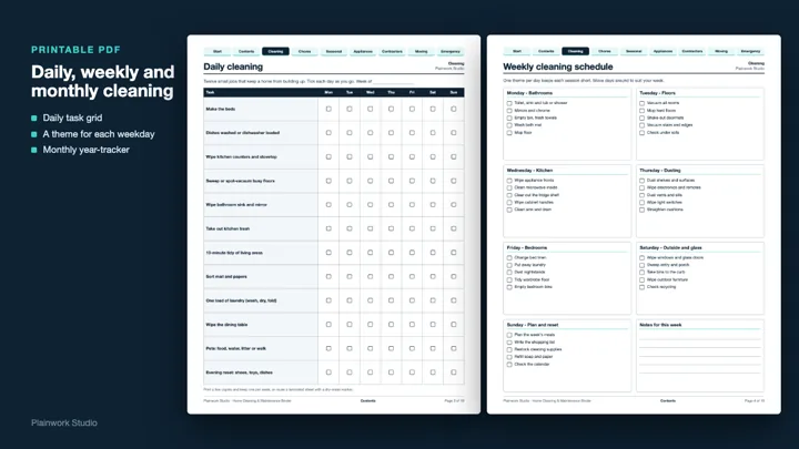 Home Cleaning & Maintenance Binder (PDF): Chore Charts, Seasonal Checklists, Moving & Emergency Pages dashboard