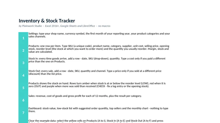 Inventory & Stock Tracker for Small Shops (Excel) dashboard