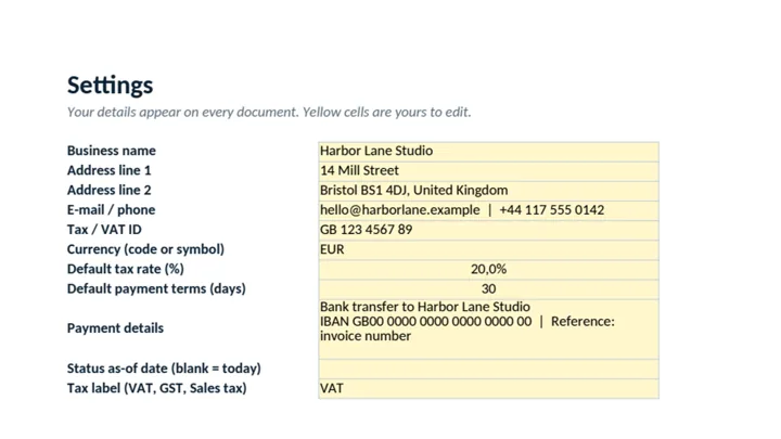 Invoice & Quote Pack (Excel) dashboard