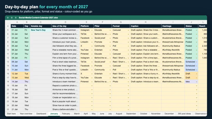 Social Media Content Calendar 2027 dashboard