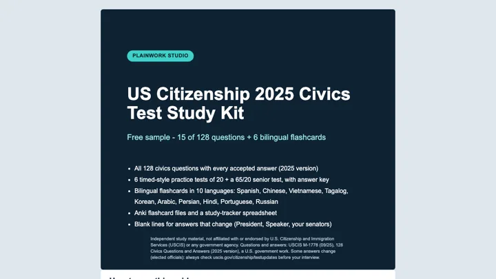 US Citizenship 2025 Civics Test Study Kit: 128 Questions, 7 Practice Tests, Printable Flashcards & Anki dashboard