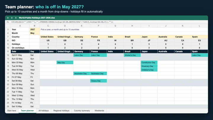 World Public Holidays 2027 & 2028 dashboard