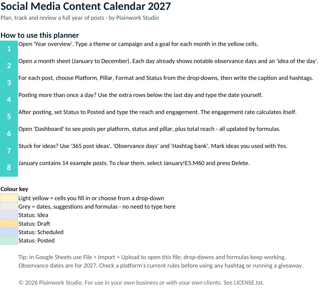 The Start here sheet of the workbook