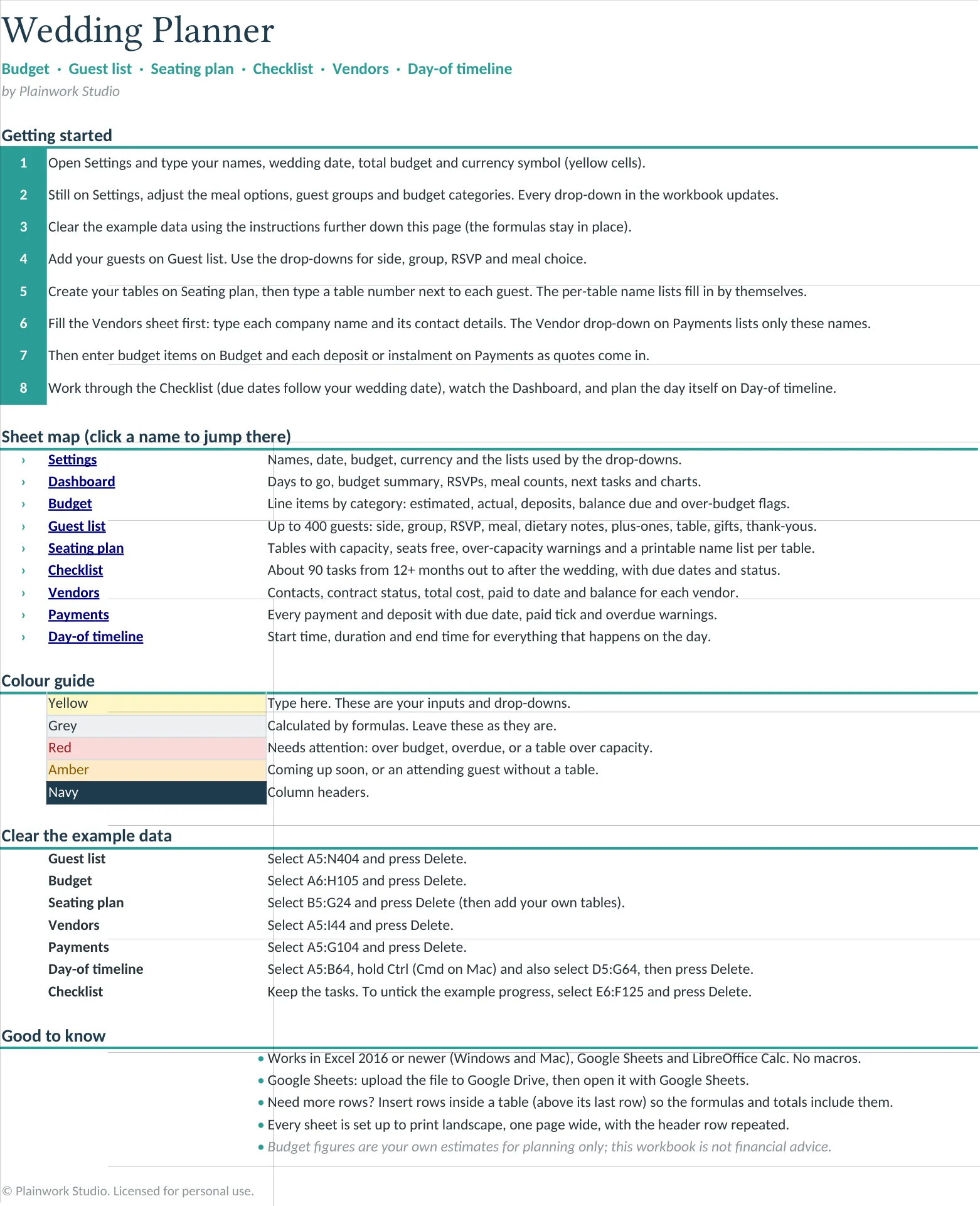 The Start here sheet of the workbook